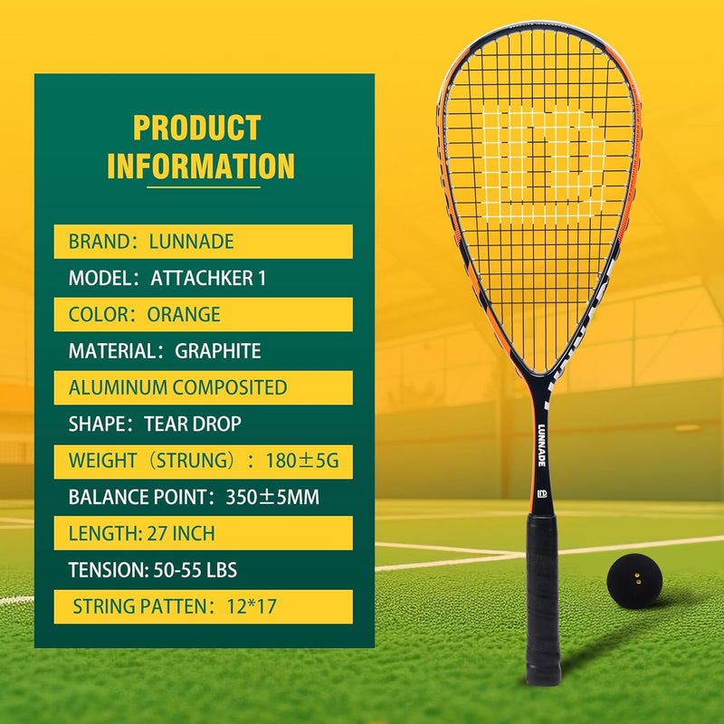 LUNNADE Carbon Squash Racket, Lightweight Tear Drop Squash Racquet with Ball Overgrip Damper and Bag - Image 3
